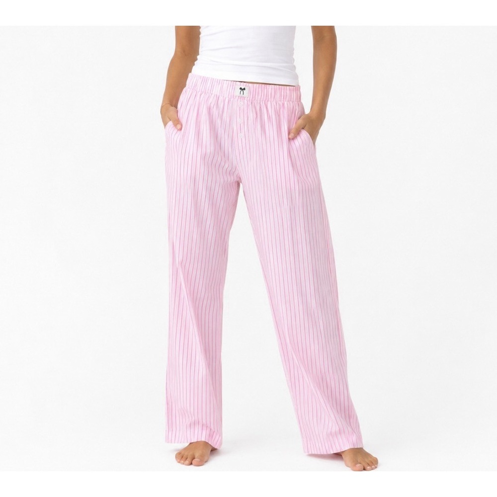 Happily Grey Pink White Striped Pajama Pants Small Elastic Waist Faux Fly Lounge